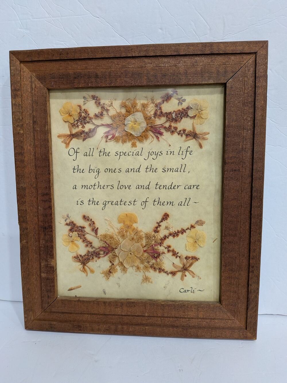 Vintage Pressed Dried Flowers Framed Wall Art Mother Poem Oak Wood Frame Farmhou